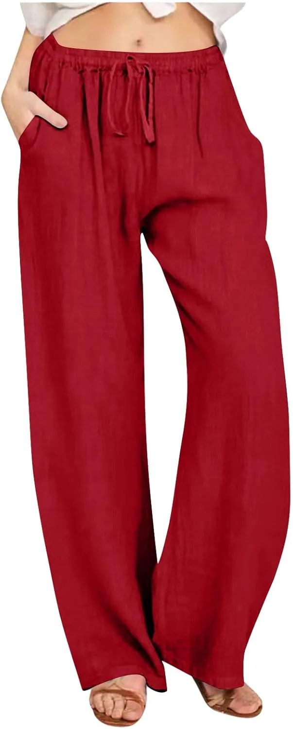 Linen Pants for Women Summer Drawstring Pockets Wide Leg Loose Casual Cotton Linen Palazzo Pants Clothes Casual