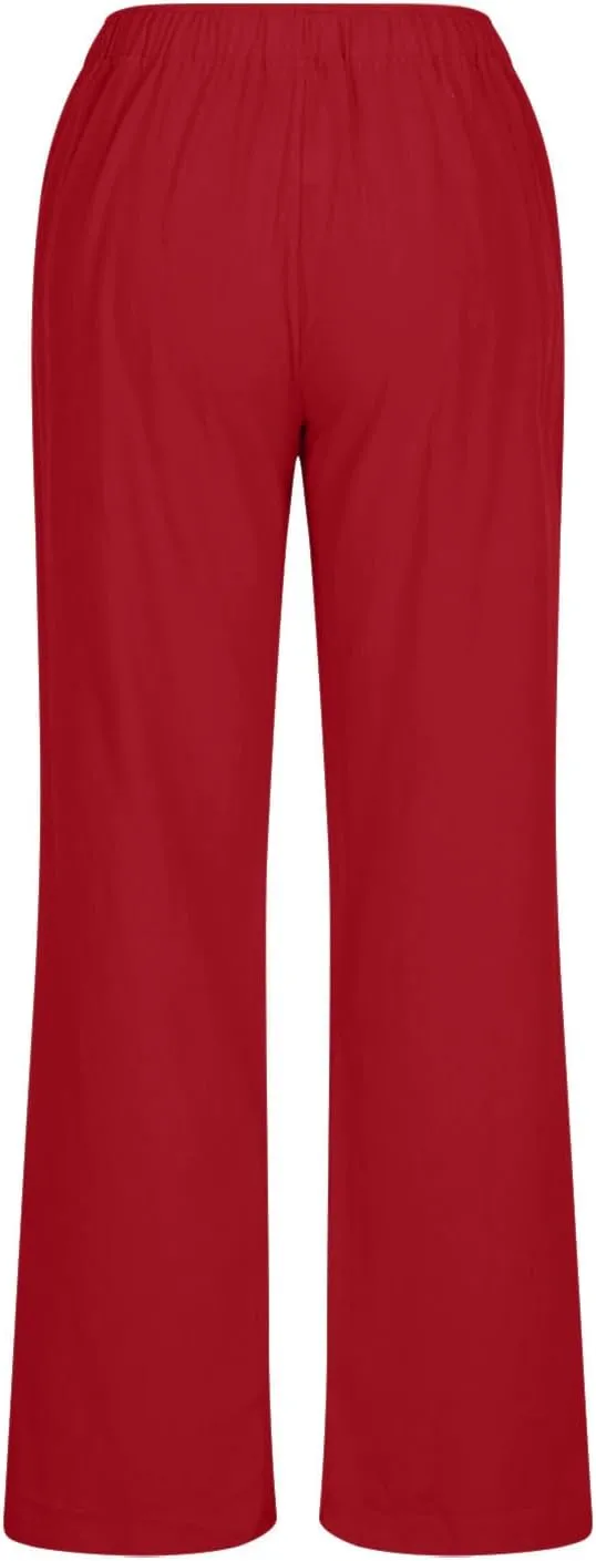 Linen Pants for Women Summer Drawstring Pockets Wide Leg Loose Casual Cotton Linen Palazzo Pants Clothes Casual