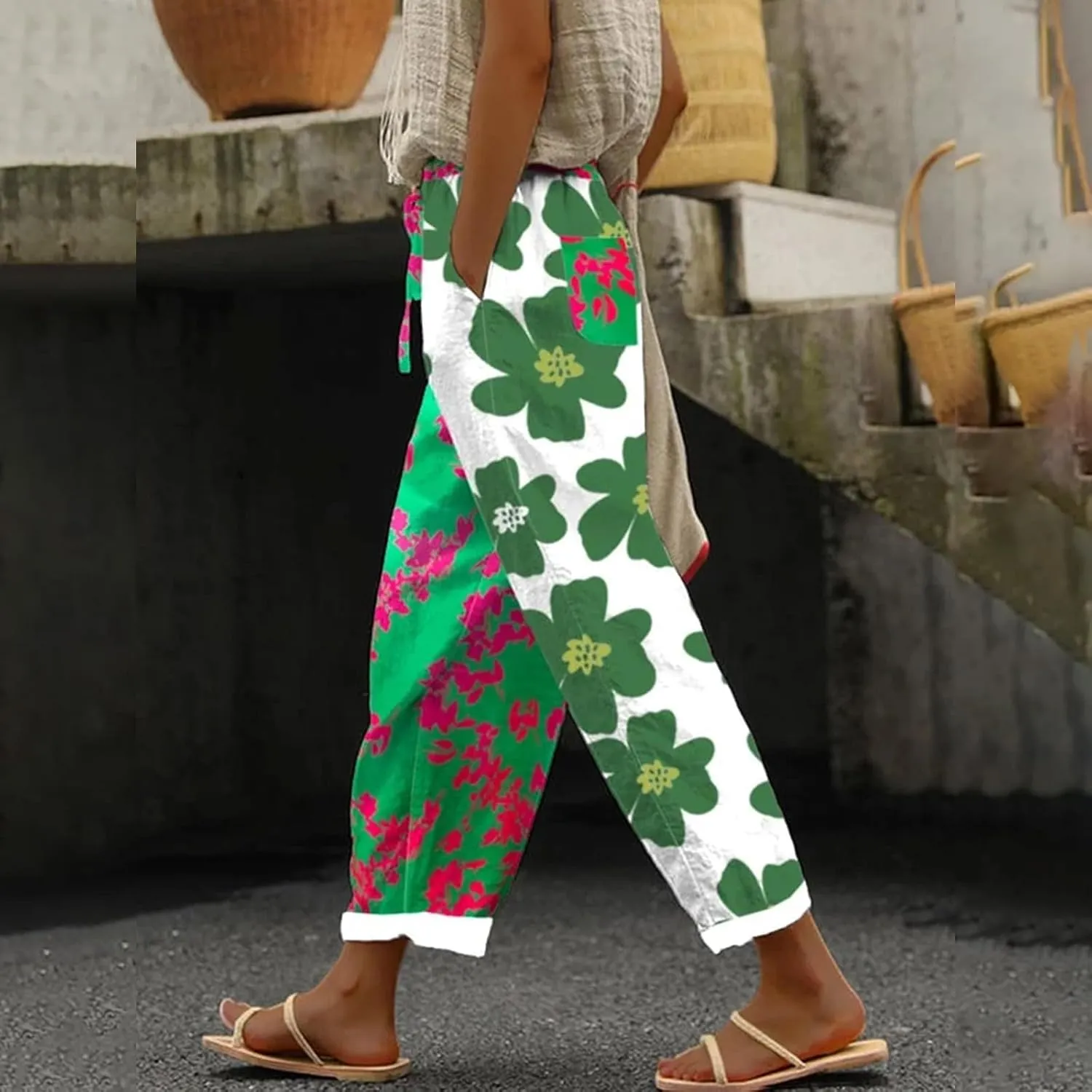 Linen Pants Women Summer Casual Drawstring Pants High Waist Adjustable Knot Loose Casual Trousers Womens Summer