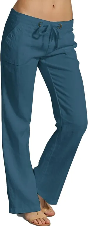 Linen Womens Pants Casual High Waisted Drawstring Casual Loose Summer Baggy Flowy Lounge Cropped Trousers with Pockets