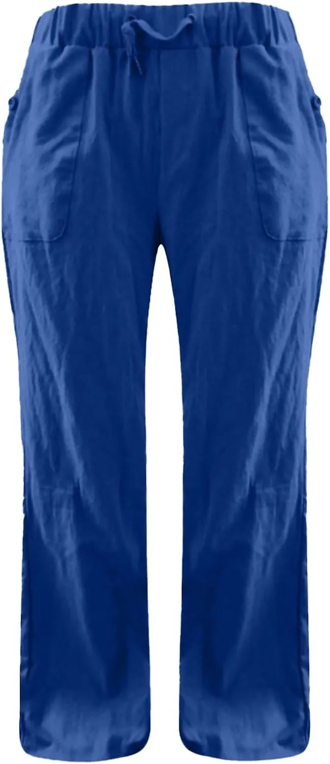 Linen Womens Pants Casual High Waisted Drawstring Casual Loose Summer Baggy Flowy Lounge Cropped Trousers with Pockets