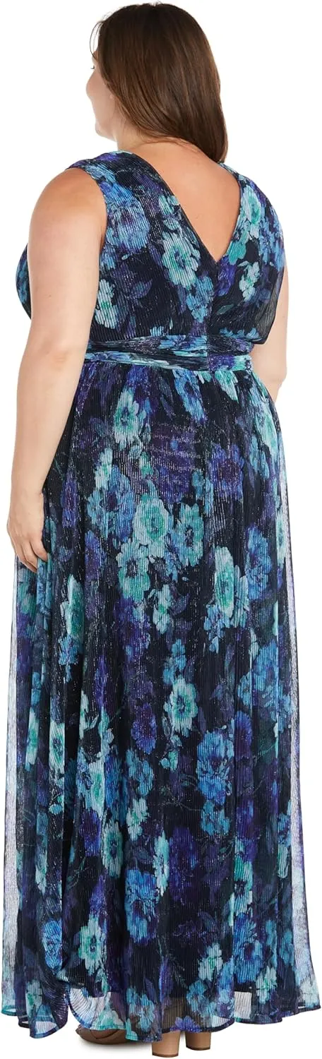 Long Crinkle Pleated Floral Maxi Dress W/V Front & Side Slit