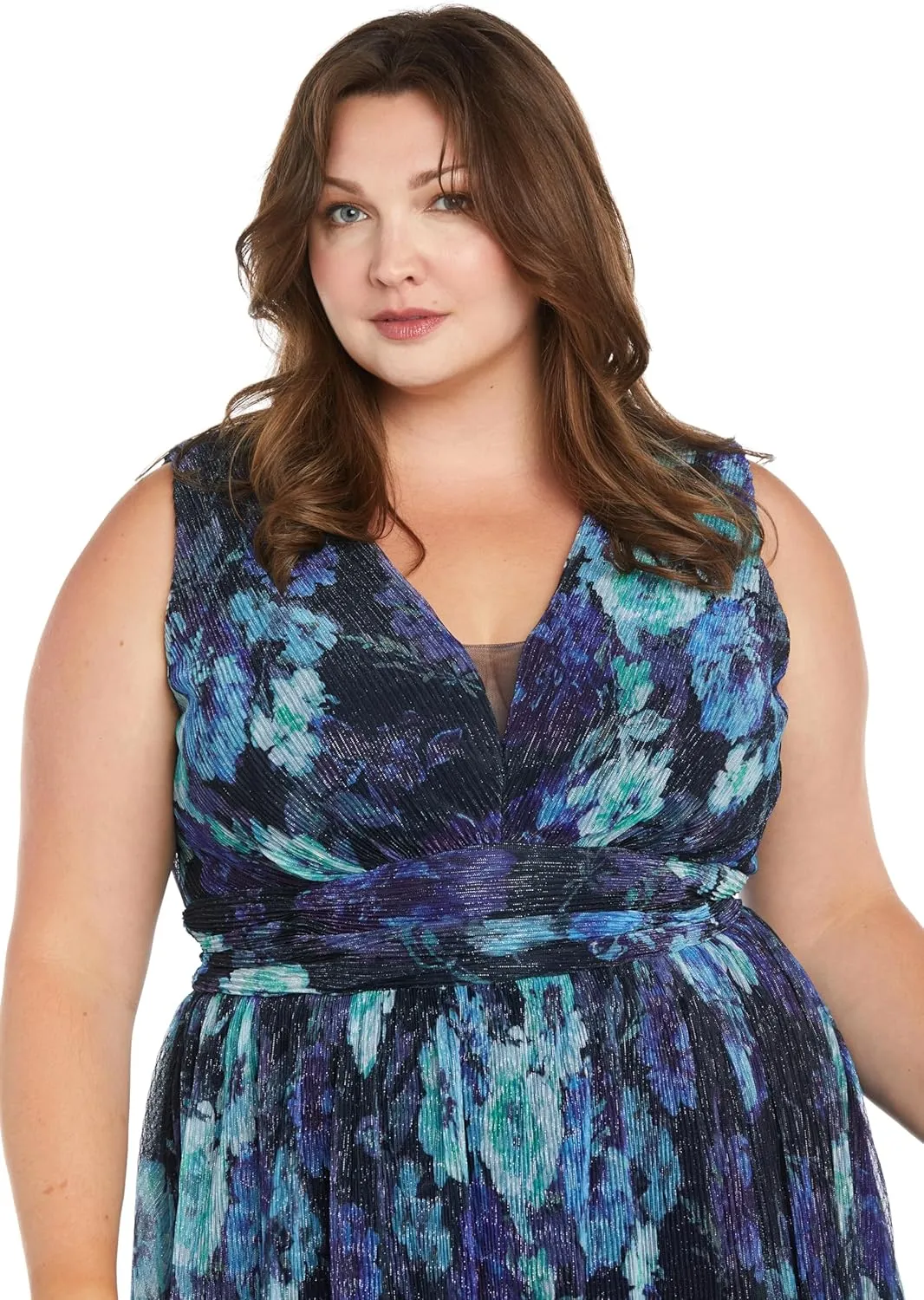 Long Crinkle Pleated Floral Maxi Dress W/V Front & Side Slit