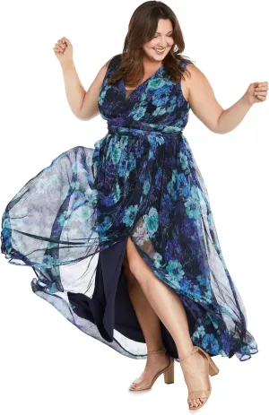 Long Crinkle Pleated Floral Maxi Dress W/V Front & Side Slit