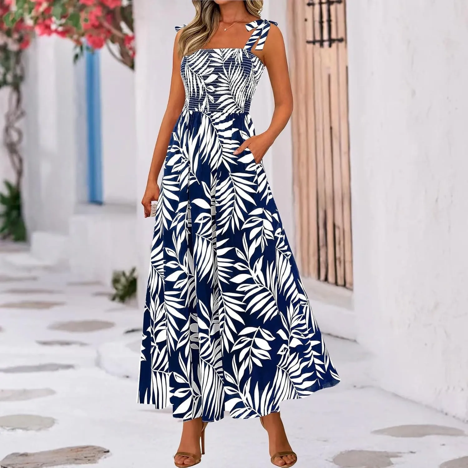 Maxi Dresses for Women 2025 Empire Waist Ruched Tie Strap Tank Dress Square Neck Sleeveless Floral Summer Sundress