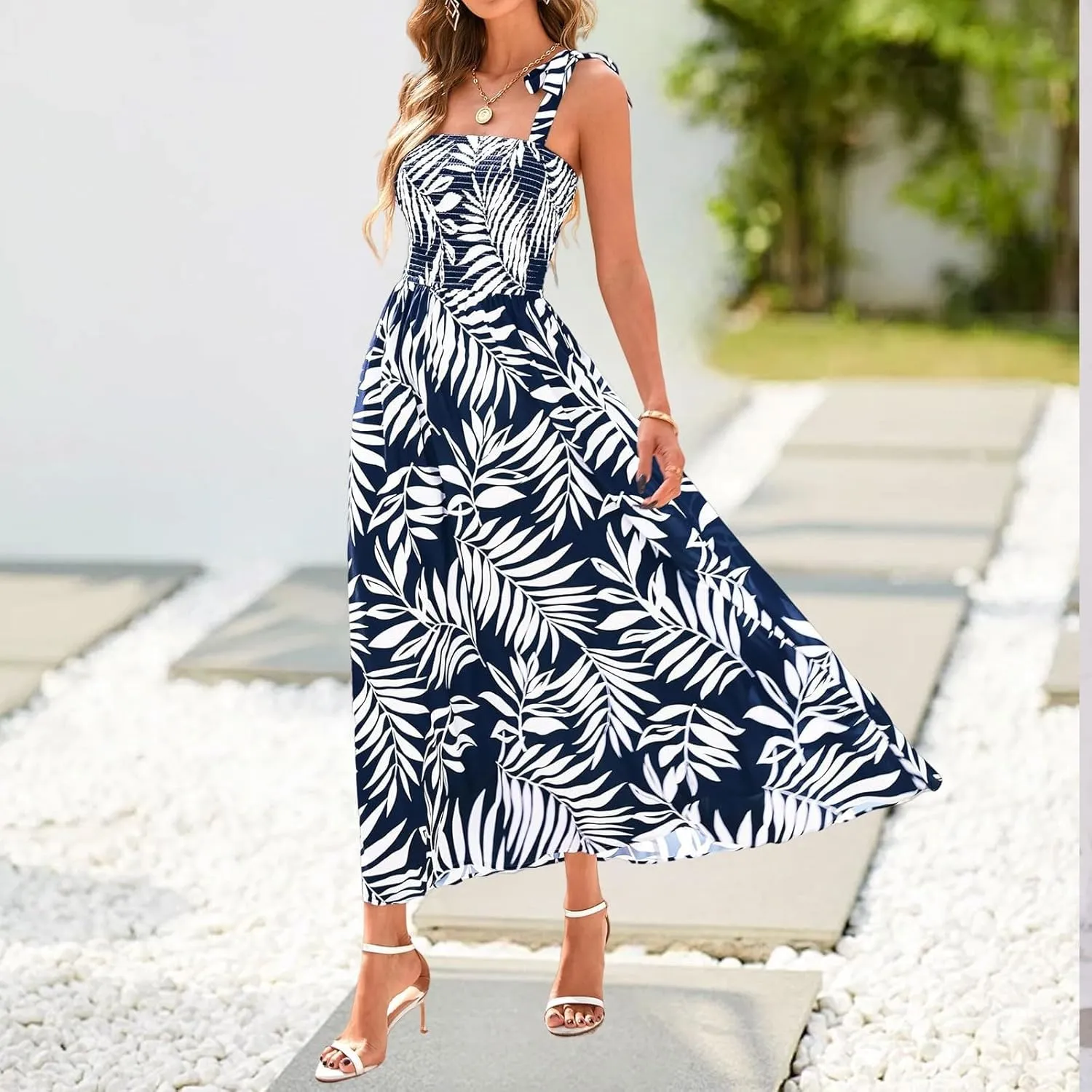Maxi Dresses for Women 2025 Empire Waist Ruched Tie Strap Tank Dress Square Neck Sleeveless Floral Summer Sundress