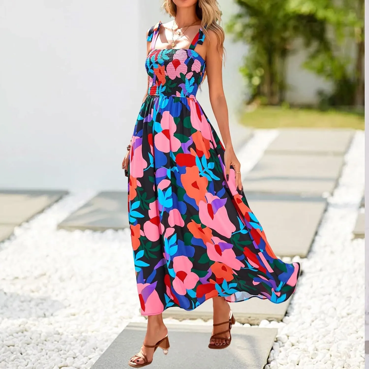 Maxi Dresses for Women 2025 Empire Waist Ruched Tie Strap Tank Dress Square Neck Sleeveless Floral Summer Sundress