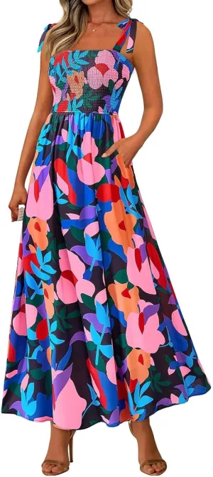 Maxi Dresses for Women 2025 Empire Waist Ruched Tie Strap Tank Dress Square Neck Sleeveless Floral Summer Sundress