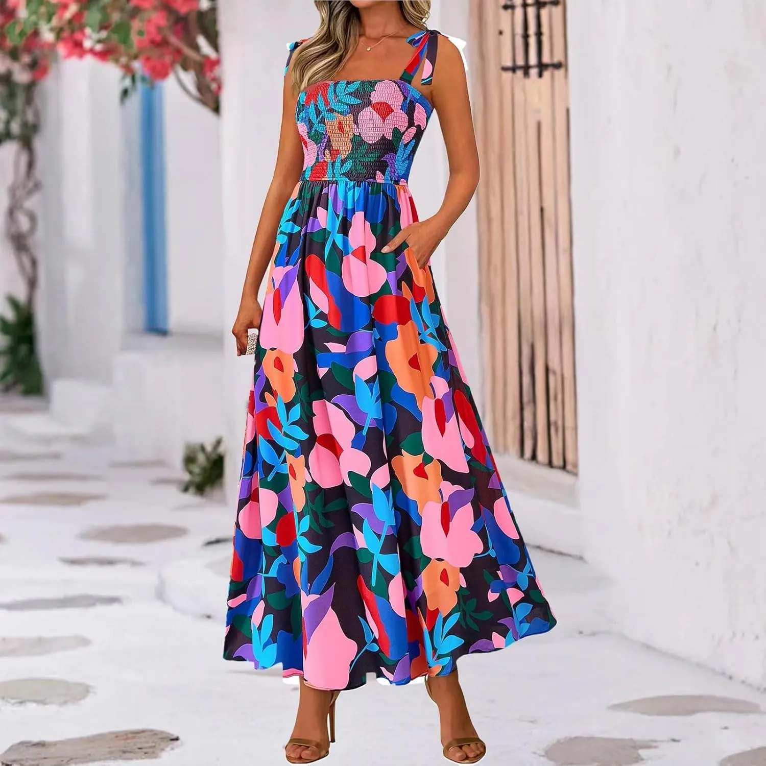 Maxi Dresses for Women 2025 Empire Waist Ruched Tie Strap Tank Dress Square Neck Sleeveless Floral Summer Sundress