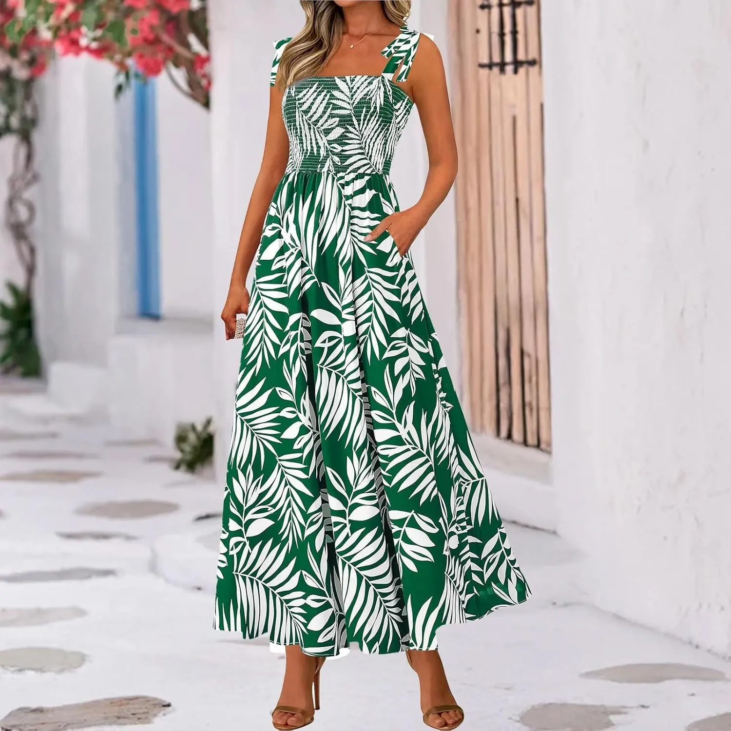 Maxi Dresses for Women 2025 Empire Waist Ruched Tie Strap Tank Dress Square Neck Sleeveless Floral Summer Sundress