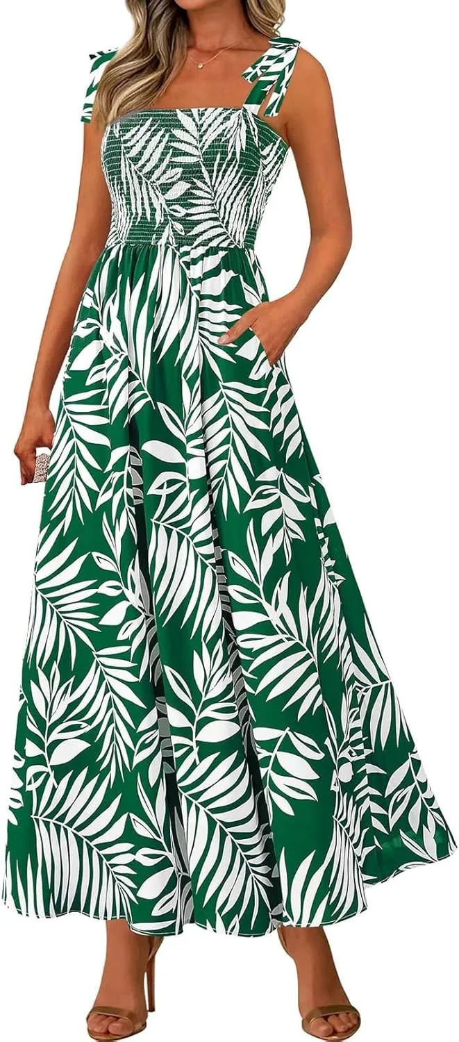 Maxi Dresses for Women 2025 Empire Waist Ruched Tie Strap Tank Dress Square Neck Sleeveless Floral Summer Sundress