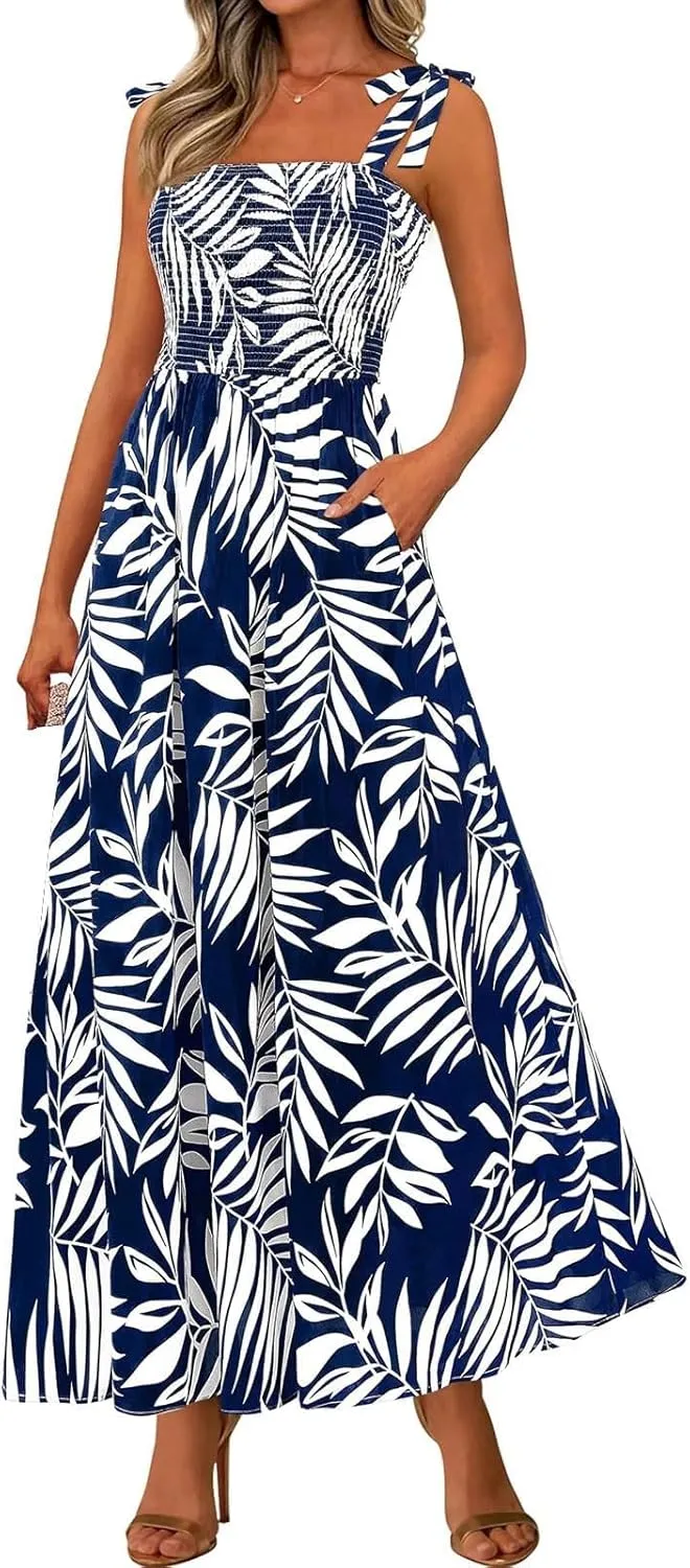 Maxi Dresses for Women 2025 Empire Waist Ruched Tie Strap Tank Dress Square Neck Sleeveless Floral Summer Sundress