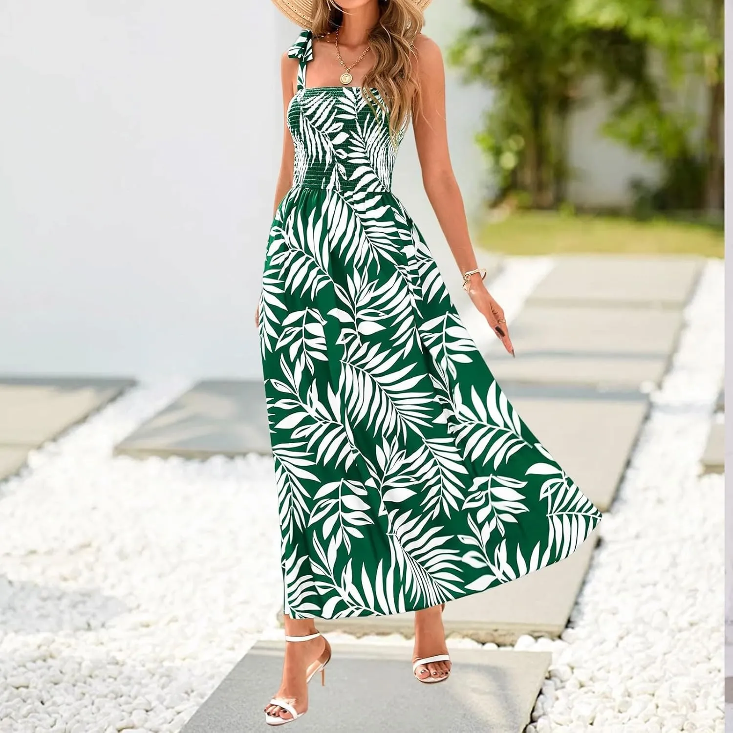 Maxi Dresses for Women 2025 Empire Waist Ruched Tie Strap Tank Dress Square Neck Sleeveless Floral Summer Sundress