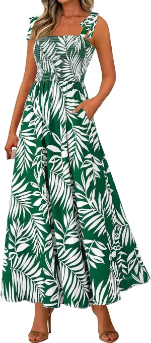 Maxi Dresses for Women 2025 Empire Waist Ruched Tie Strap Tank Dress Square Neck Sleeveless Floral Summer Sundress