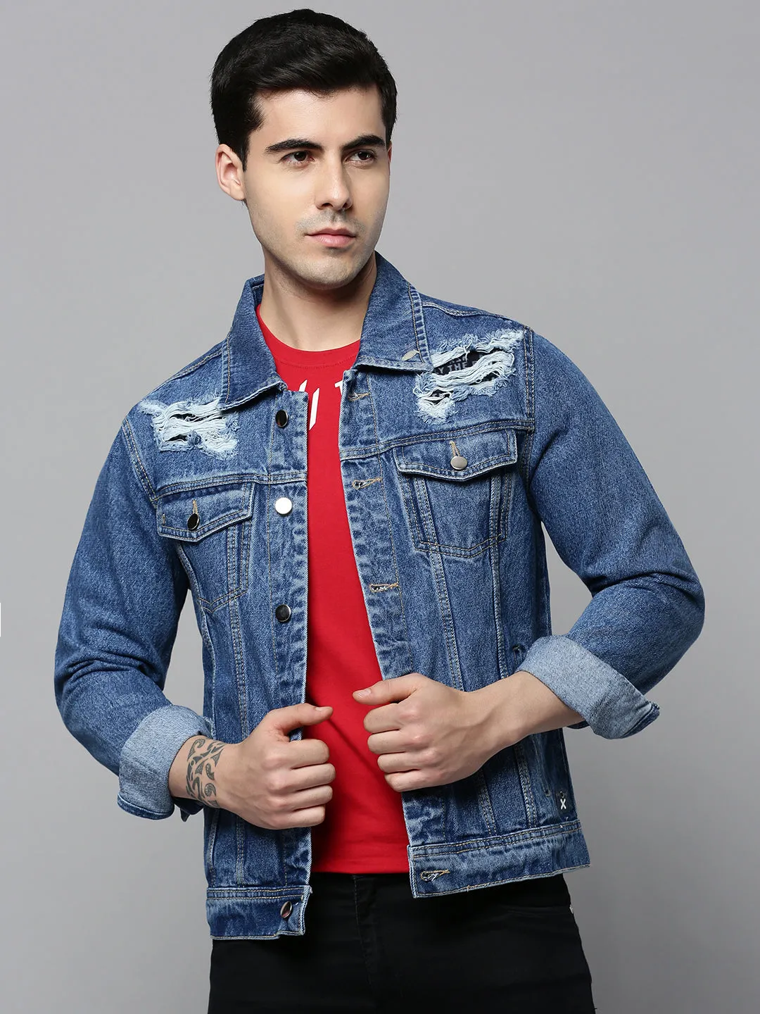 Men Blue Washed Denim Jacket