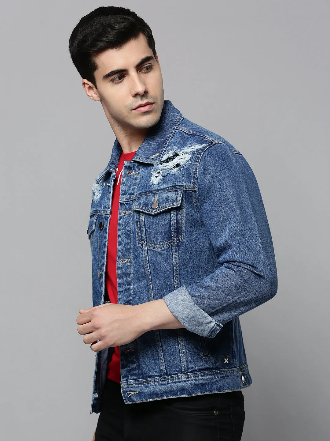 Men Blue Washed Denim Jacket