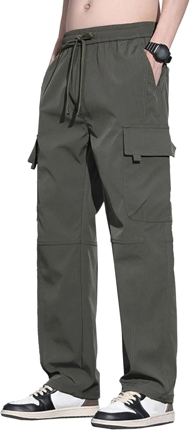 Men's Baggy Straight Leg Casual Pants Drawstring Loose Fit Casual Pants Outdoor Hiking Cargo Trousers