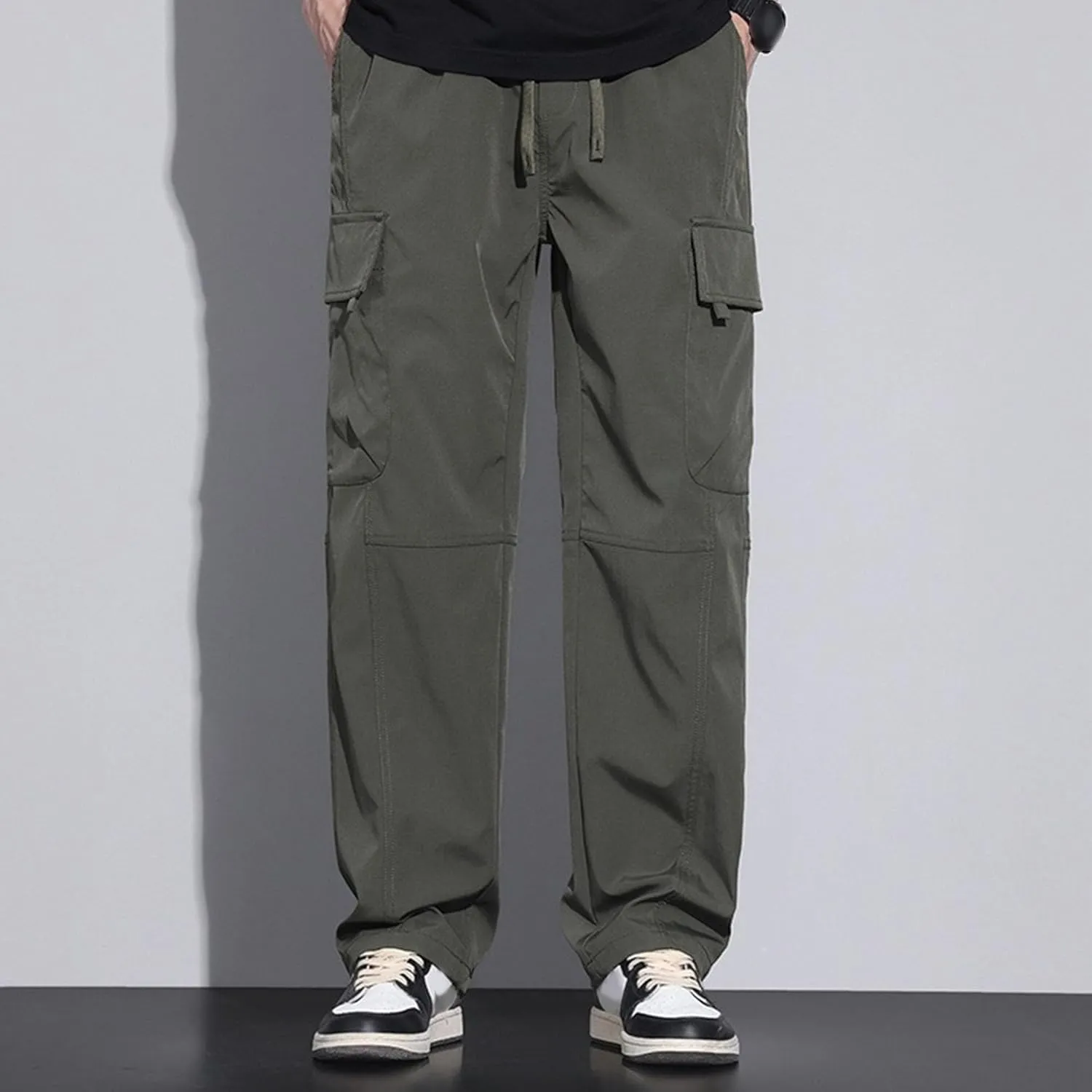 Men's Baggy Straight Leg Casual Pants Drawstring Loose Fit Casual Pants Outdoor Hiking Cargo Trousers