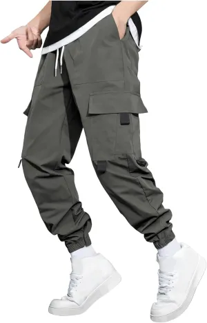 Men's Casual Work Pants with Drawstring Multi-Pocket Casual Straight Fit Pants