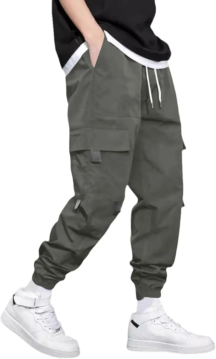 Men's Casual Work Pants with Drawstring Multi-Pocket Casual Straight Fit Pants