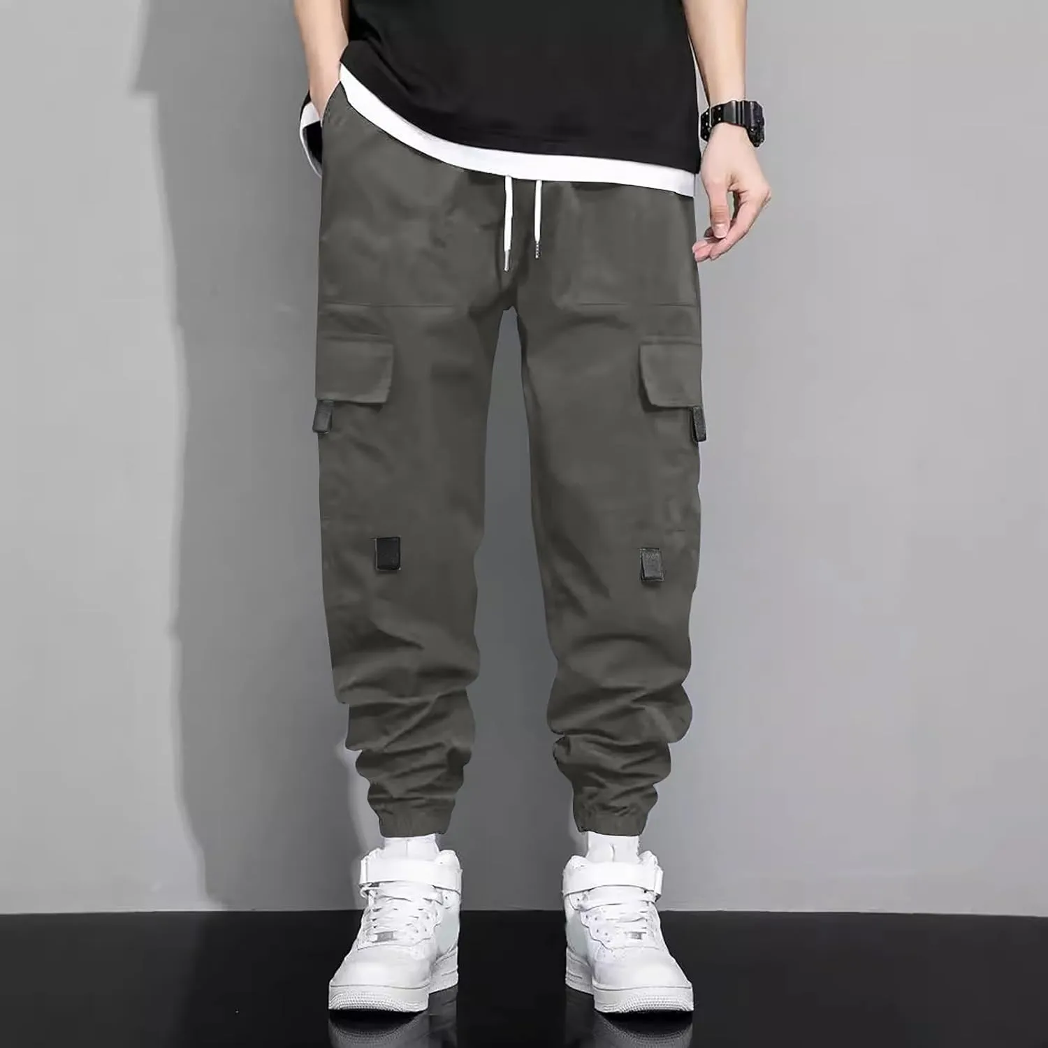 Men's Casual Work Pants with Drawstring Multi-Pocket Casual Straight Fit Pants