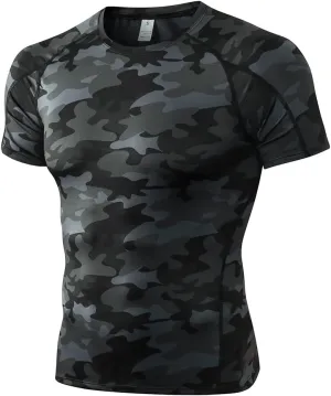 Men's Compression Shirt Athletic Short Sleeve Quick Dry Base-Layer Workout Running Sports Active Fitted, 1/Camo Black, Large