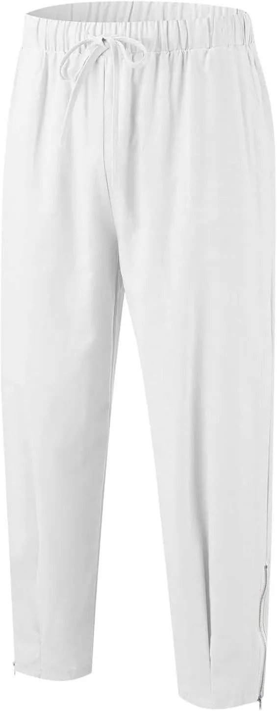Mens Linen Pants Casual Elastic Drawstring Waist Lounge Beach Pants Summer Casual Straight Leg Dress Trousers