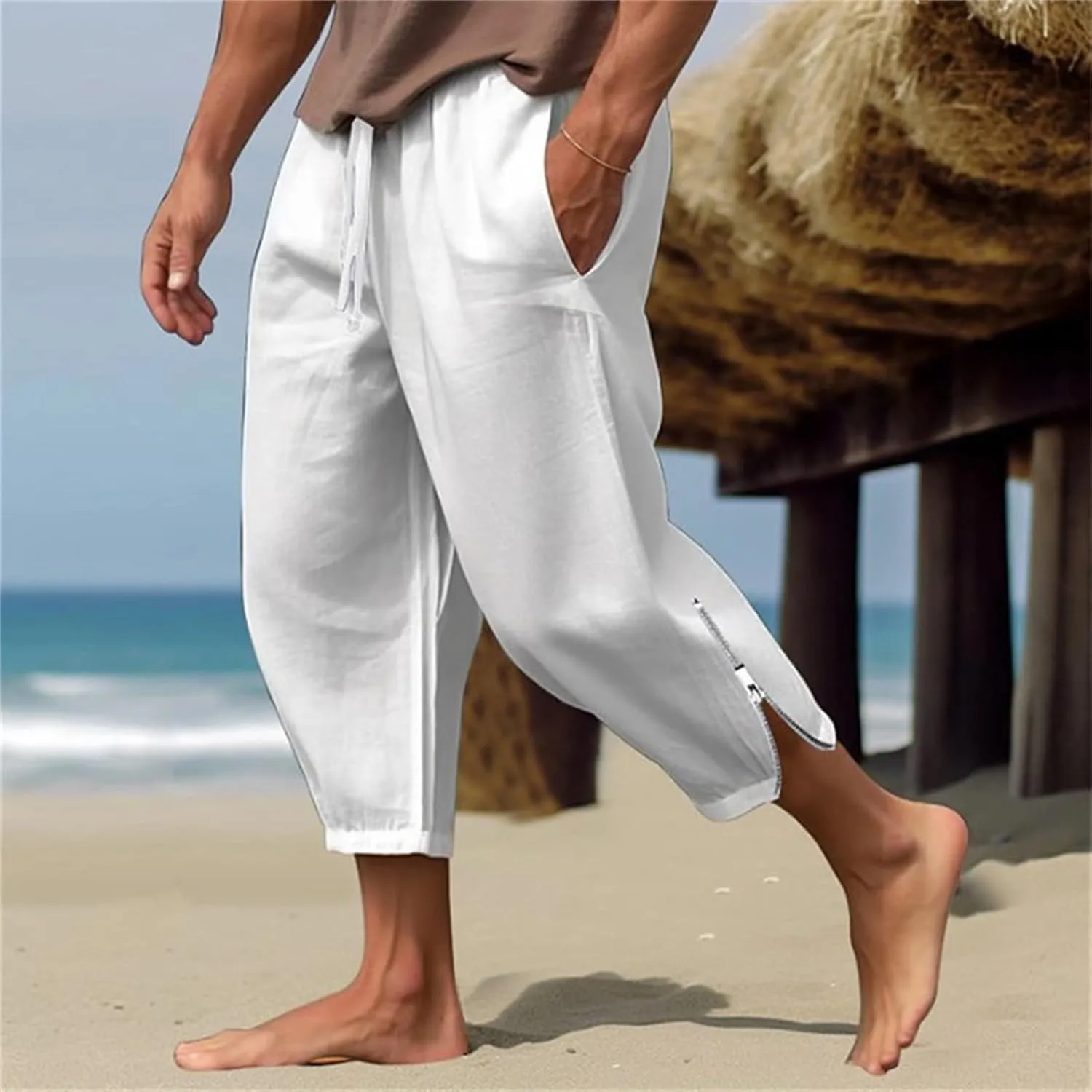 Mens Linen Pants Casual Elastic Drawstring Waist Lounge Beach Pants Summer Casual Straight Leg Dress Trousers