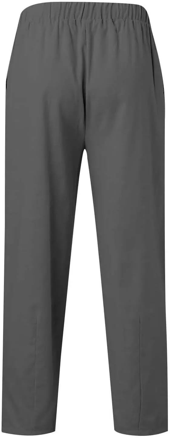Mens Linen Pants Casual Elastic Drawstring Waist Lounge Beach Pants Summer Casual Straight Leg Dress Trousers