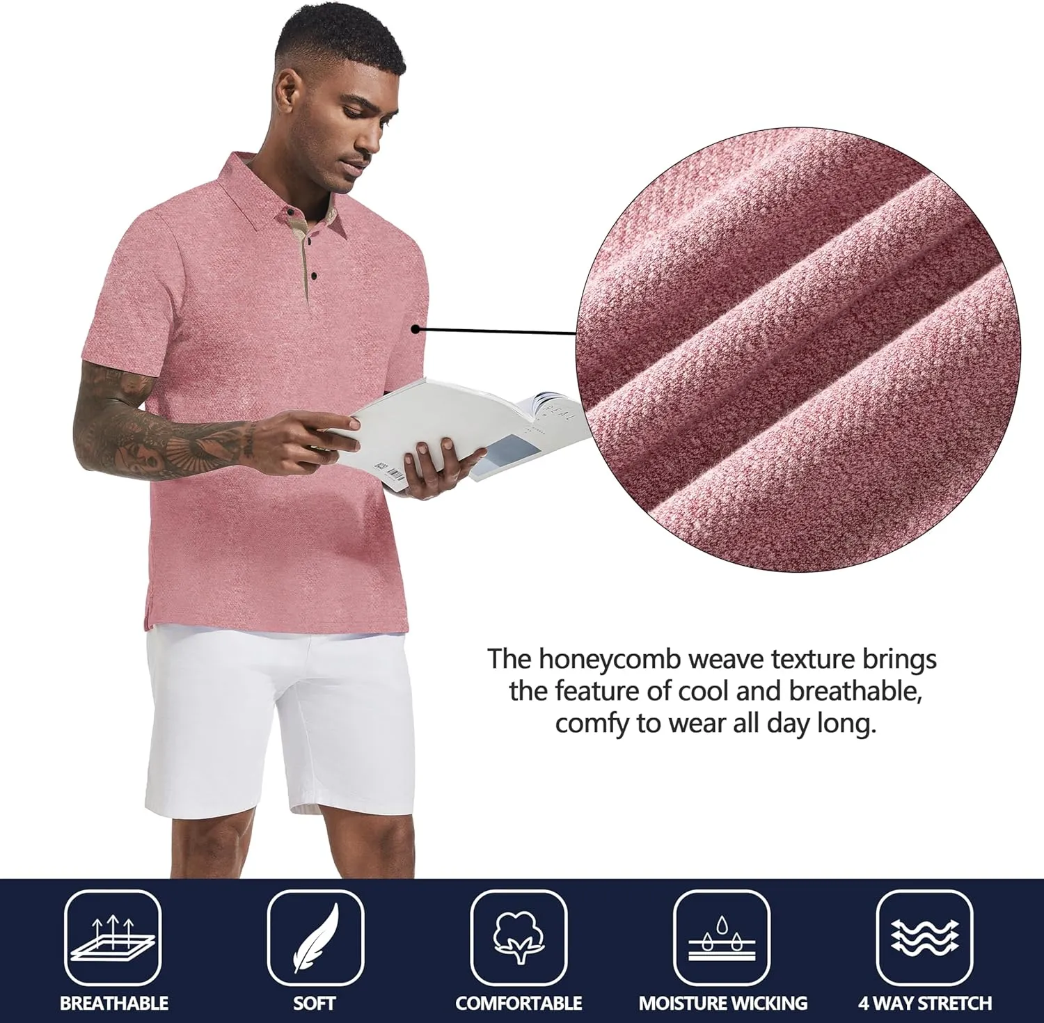 Men's Polo Shirts Short Sleeve Cotton Blend Moisture Wicking Dry Fit Performance Collared Golf Shirts for Men