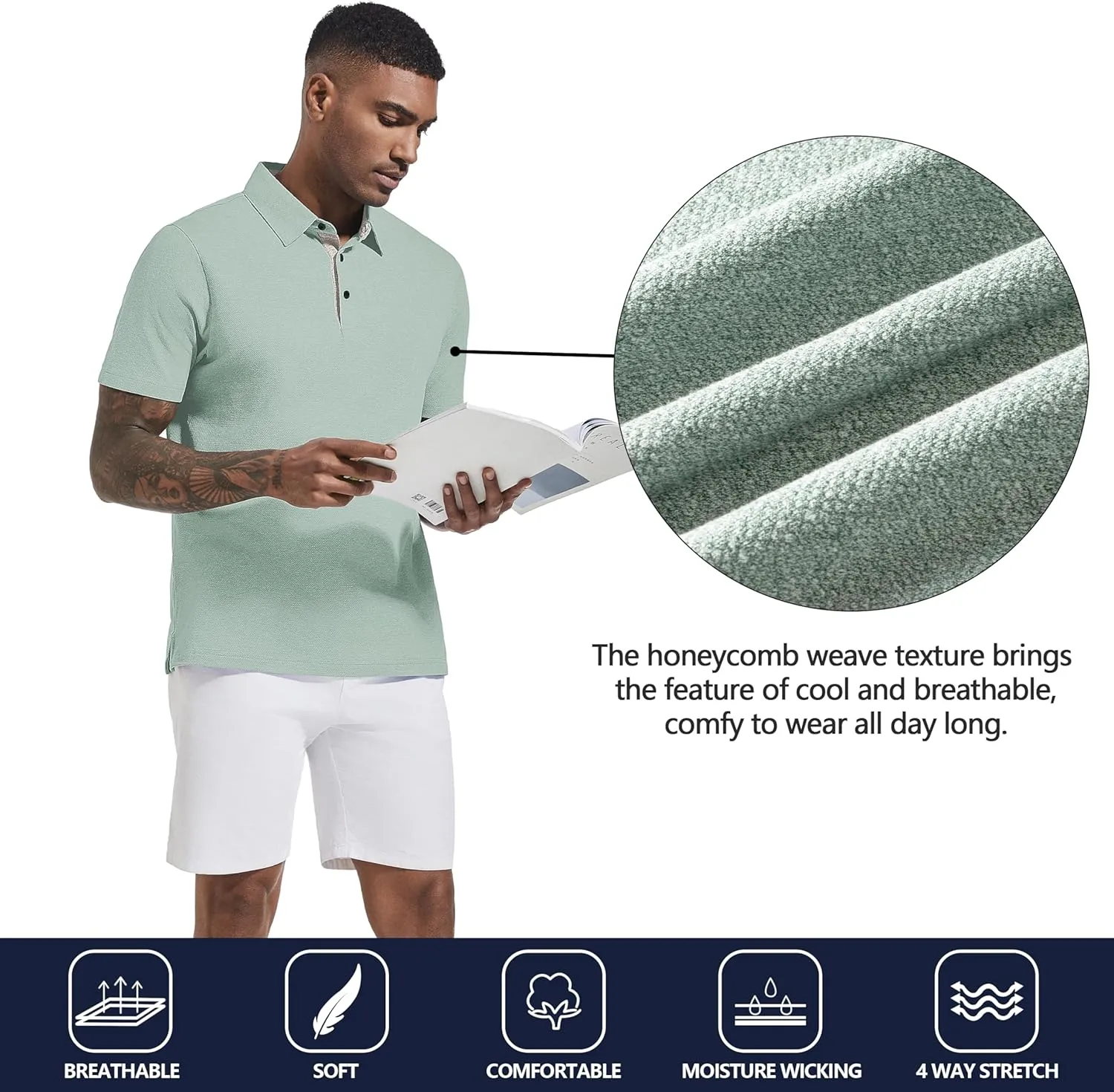 Men's Polo Shirts Short Sleeve Cotton Blend Moisture Wicking Dry Fit Performance Collared Golf Shirts for Men