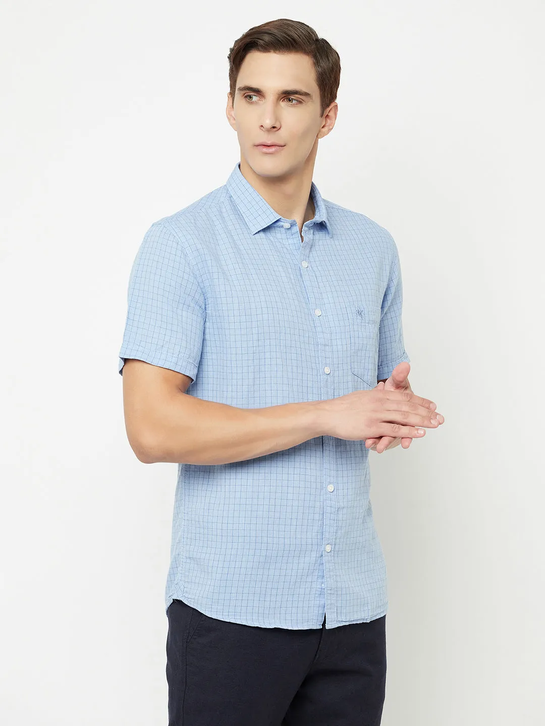 Men's Sky Blue Casual Small Checks Half Sleeve Shirt