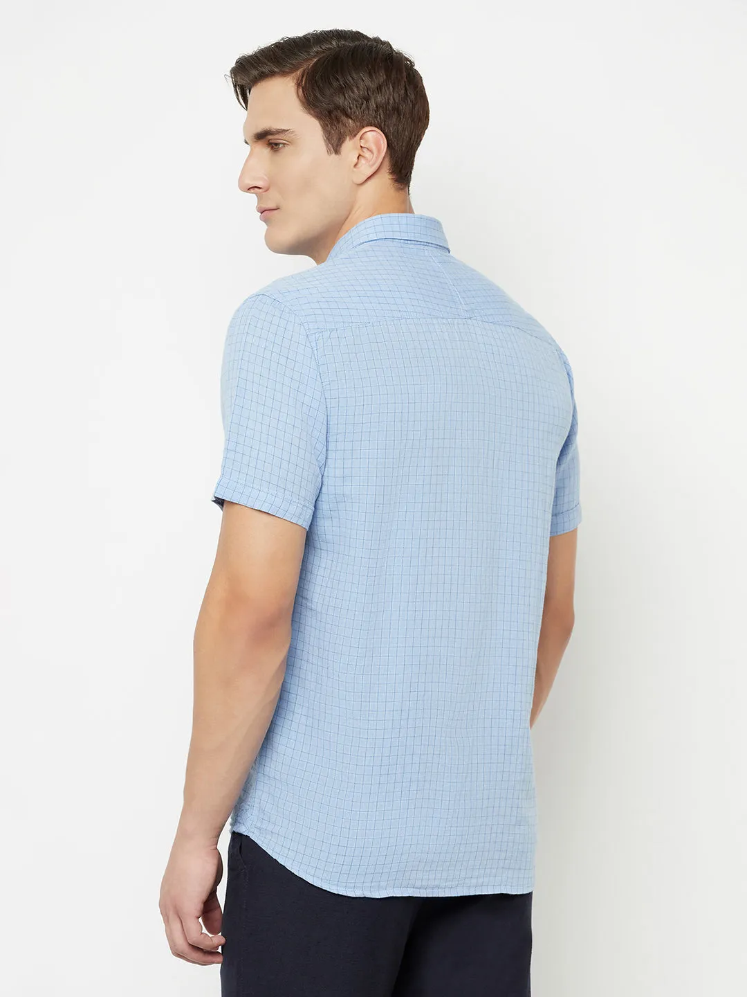 Men's Sky Blue Casual Small Checks Half Sleeve Shirt