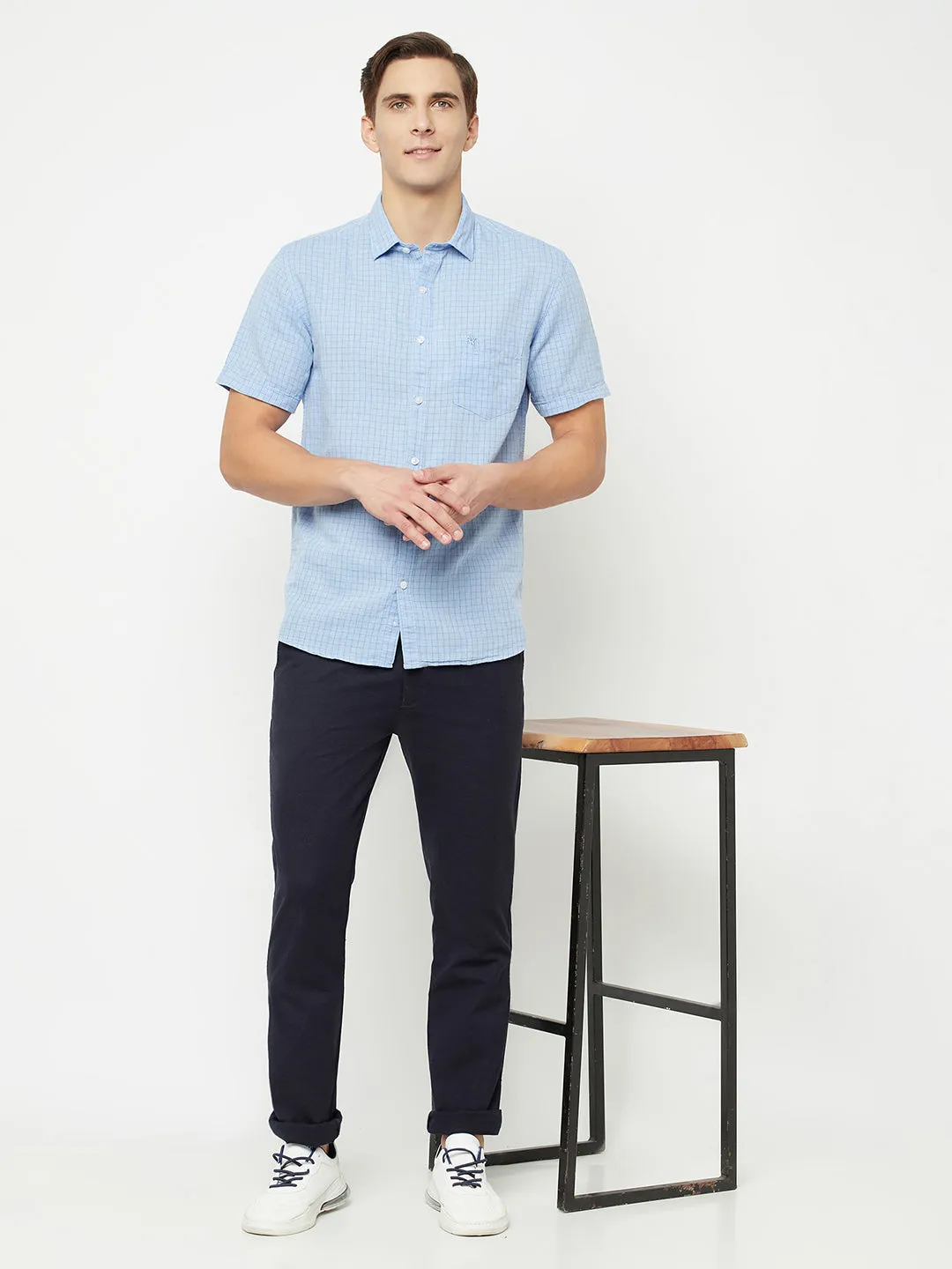 Men's Sky Blue Casual Small Checks Half Sleeve Shirt
