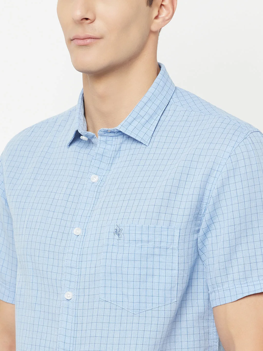 Men's Sky Blue Casual Small Checks Half Sleeve Shirt