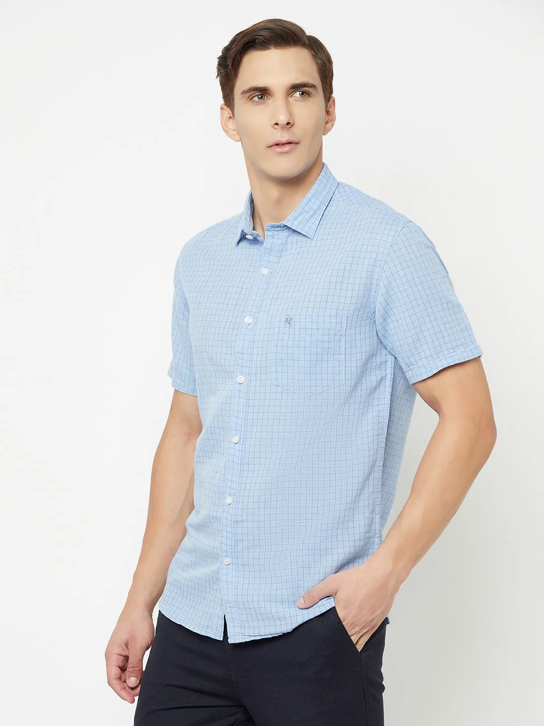 Men's Sky Blue Casual Small Checks Half Sleeve Shirt