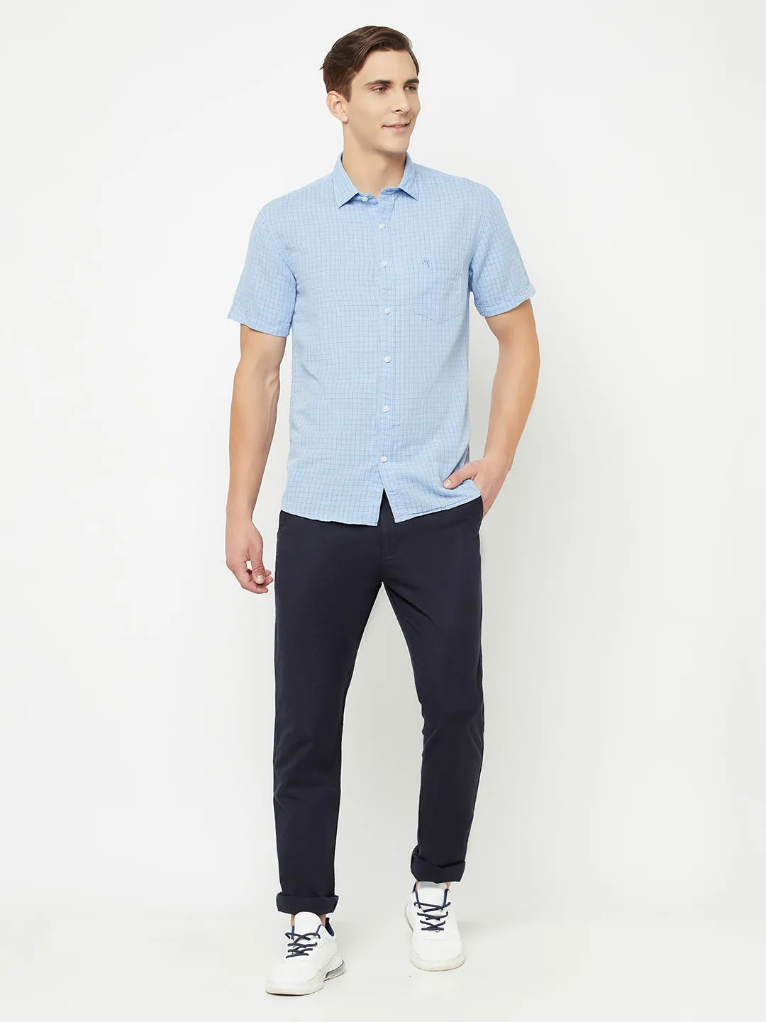 Men's Sky Blue Casual Small Checks Half Sleeve Shirt
