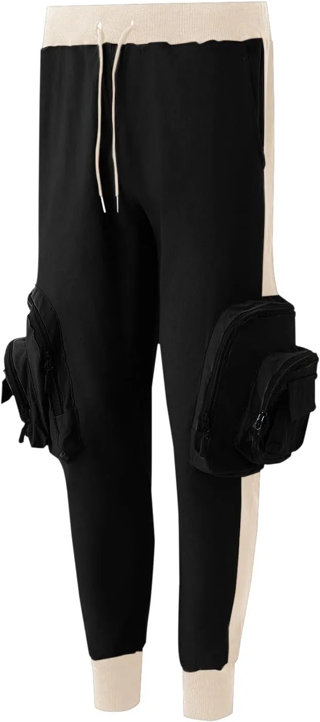 Mens Tapered Cargo Pants Casual Elastic Waist Drawstring Joggers Sweatpants Casual Slim Fit Hiking Pants with Pockets