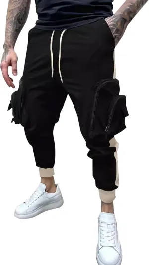 Mens Tapered Cargo Pants Casual Elastic Waist Drawstring Joggers Sweatpants Casual Slim Fit Hiking Pants with Pockets