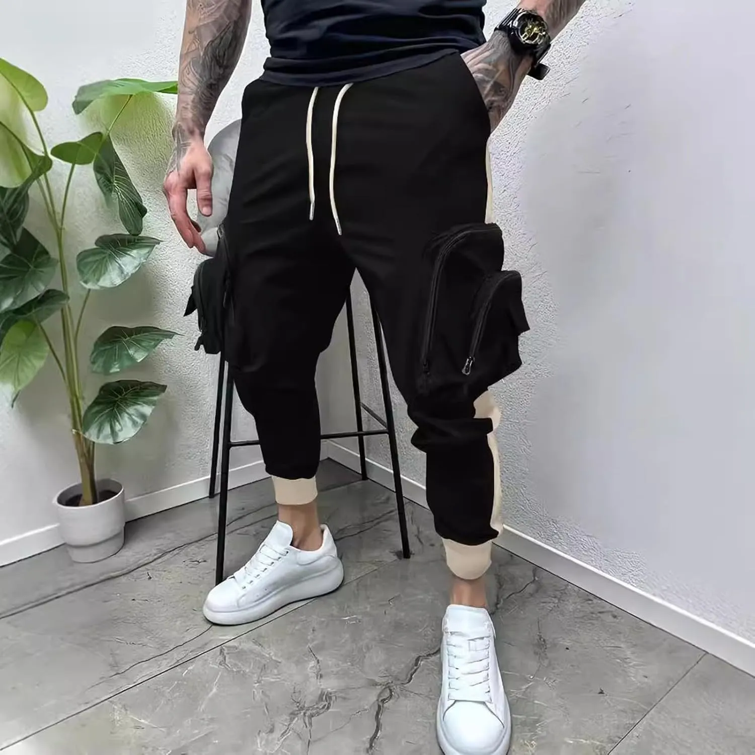 Mens Tapered Cargo Pants Casual Elastic Waist Drawstring Joggers Sweatpants Casual Slim Fit Hiking Pants with Pockets