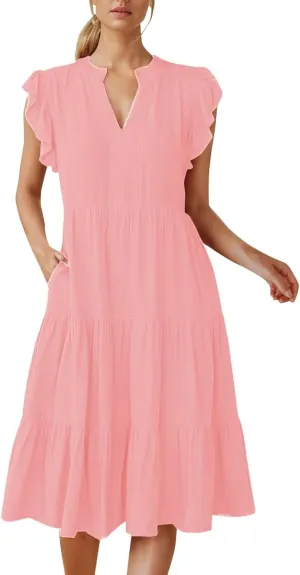 Midi Dresses for Women Casual Ruffle Sleeve V Neck Sundress Flowy Summer Vacation Mid Length Party Wedding Dress