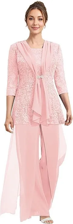 Mother of The Bride Pantsuits with Jacket Lace 2025 Formal Mother of The Bride Jumpsuit Outfit for Wedding