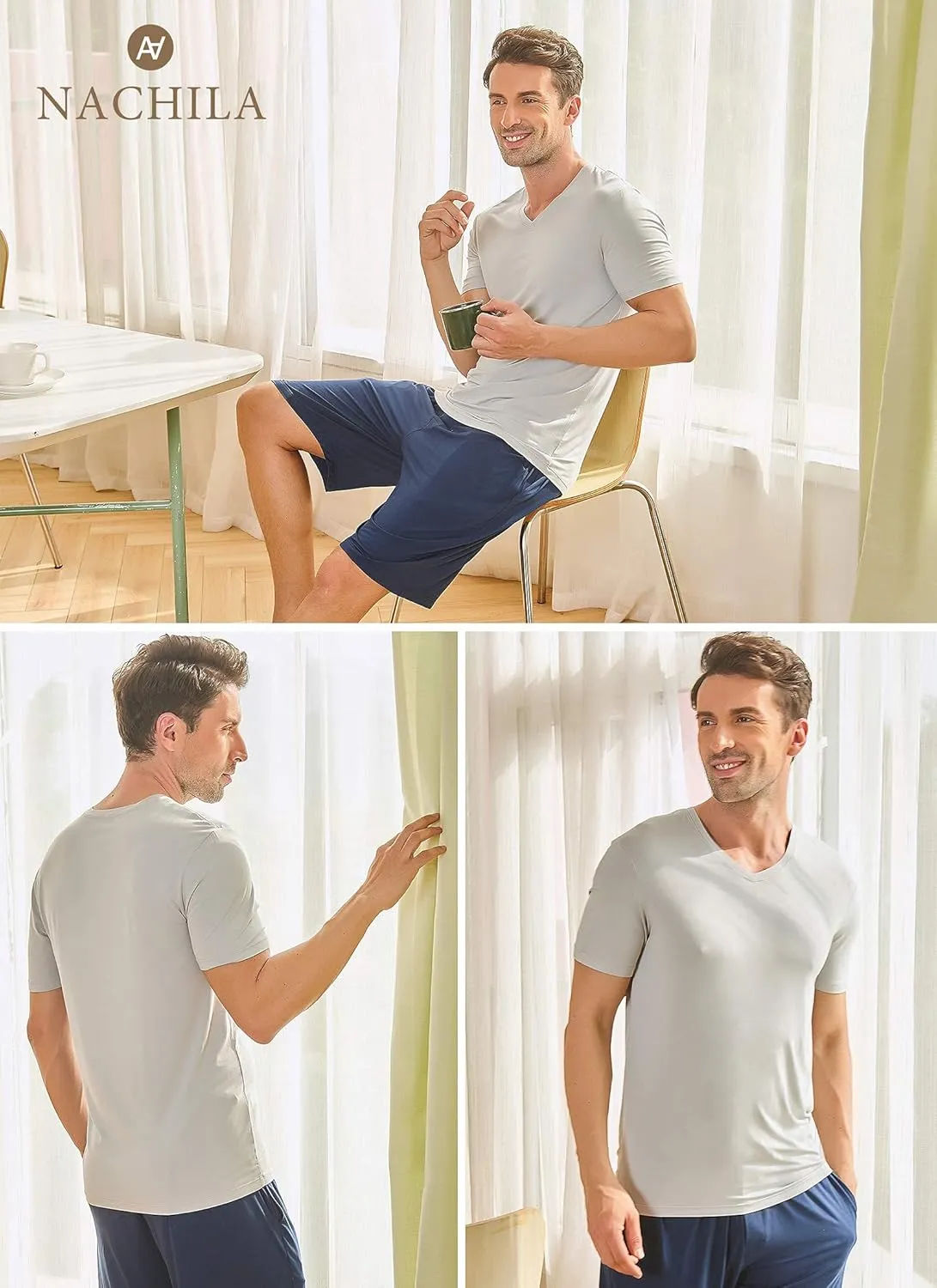 NACHILA Undershirts for Men- Viscose Made from Bamboo, 3 Pack Short Sleeve Tees Soft T-Shirts Comfy Loungewear Top