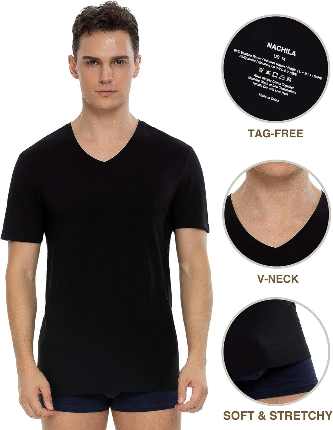NACHILA Undershirts for Men- Viscose Made from Bamboo, 3 Pack Short Sleeve Tees Soft T-Shirts Comfy Loungewear Top