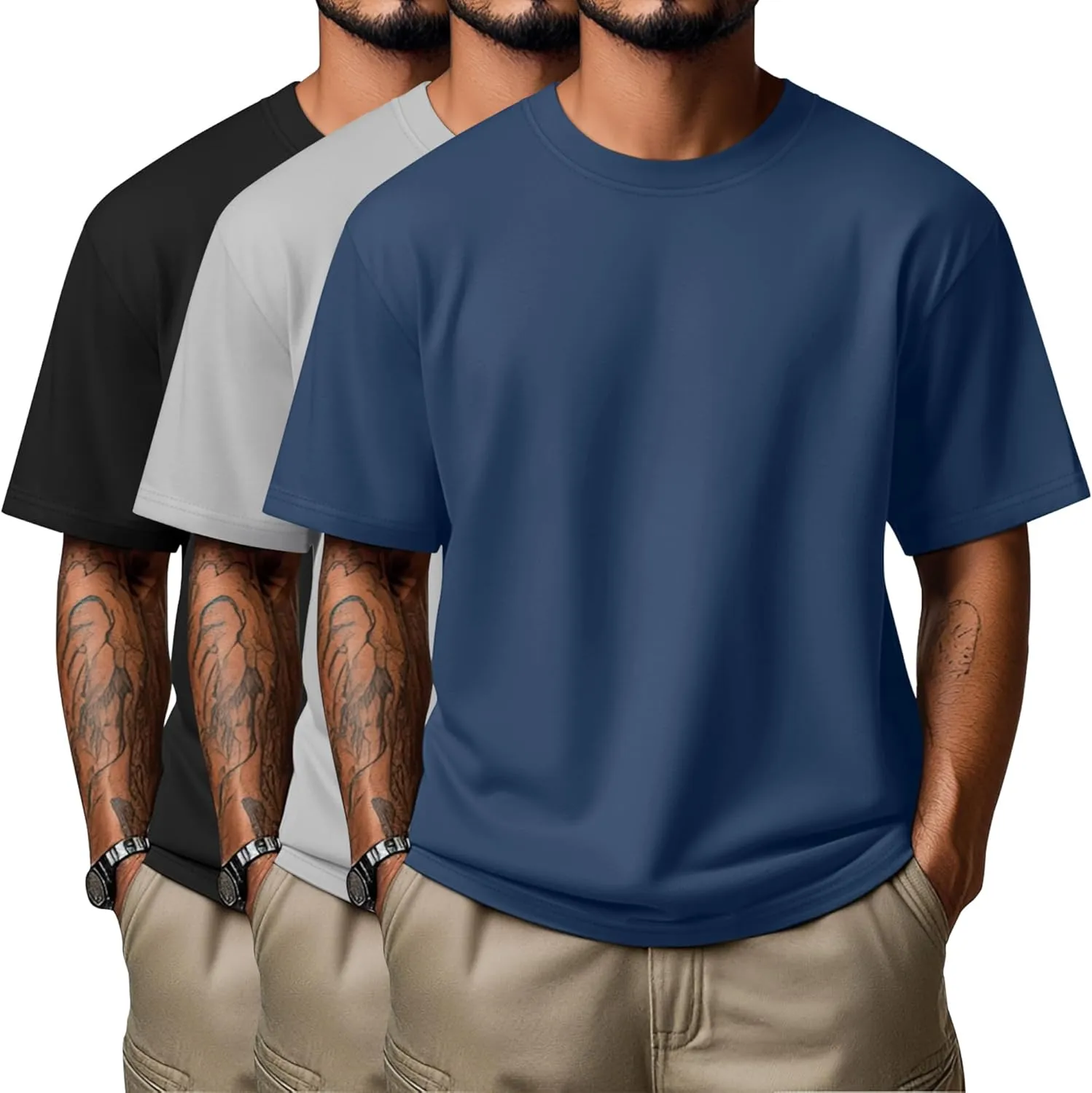 Neer 3 Pack Men's Round Neck T Shirts 95% Cotton M-7xl Big Tall Regular Tees Soft Short Sleeve 2025 Summer Basic Tops