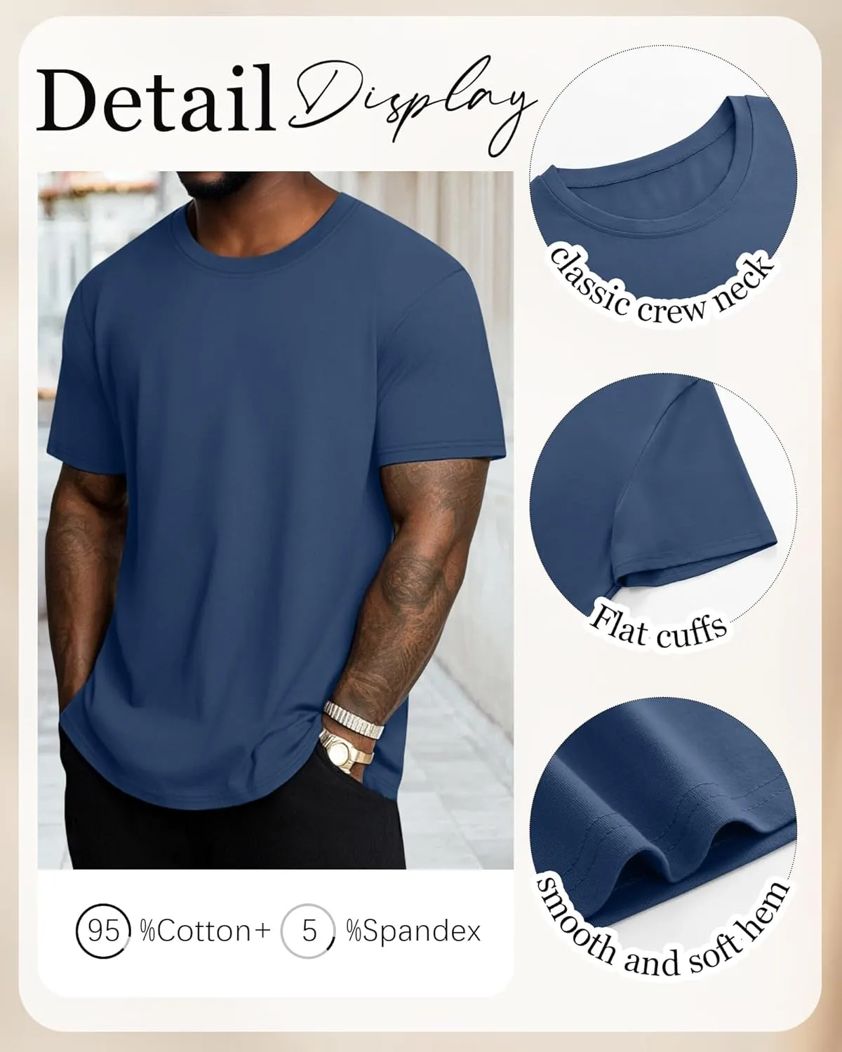 Neer 3 Pack Men's Round Neck T Shirts 95% Cotton M-7xl Big Tall Regular Tees Soft Short Sleeve 2025 Summer Basic Tops