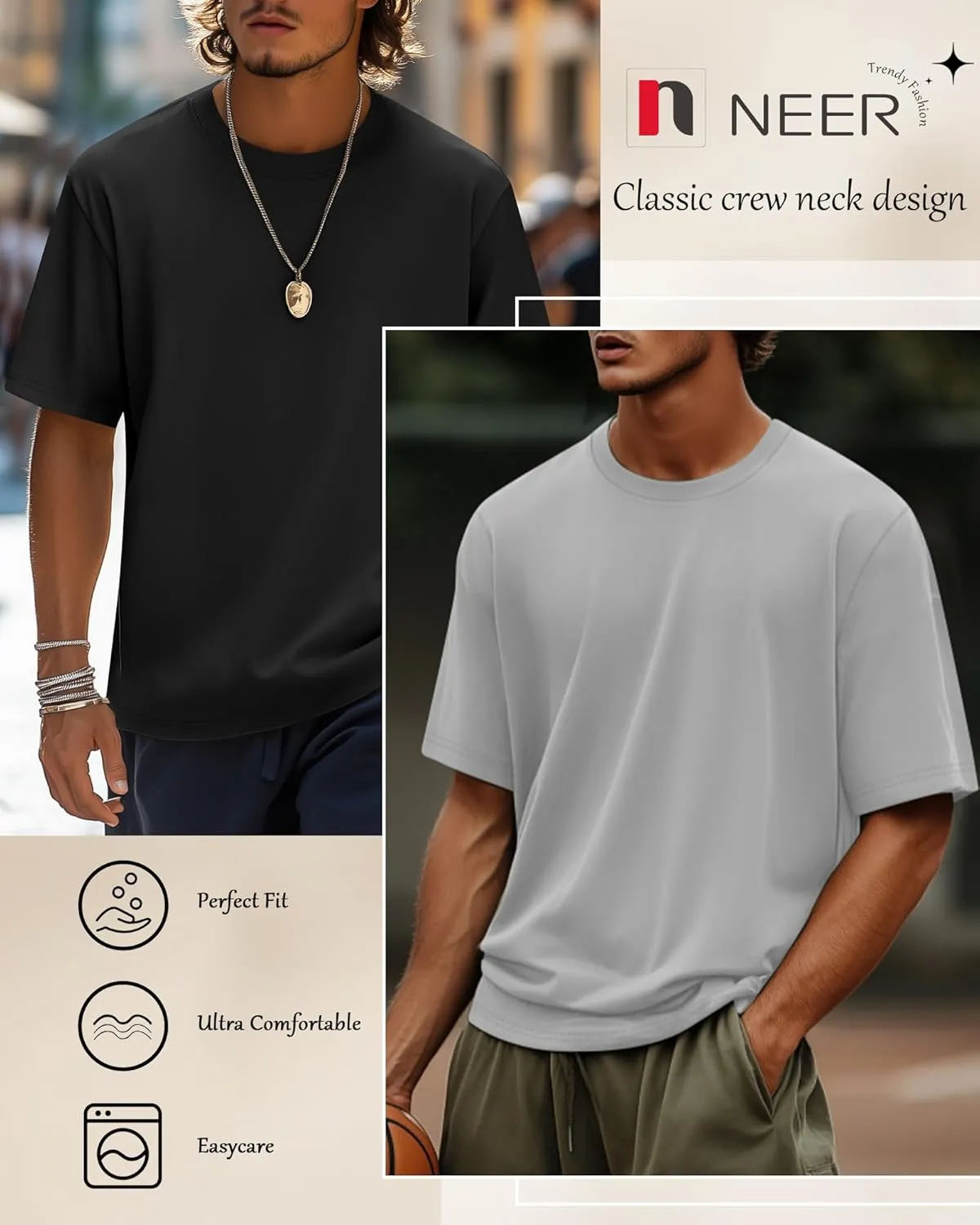 Neer 3 Pack Men's Round Neck T Shirts 95% Cotton M-7xl Big Tall Regular Tees Soft Short Sleeve 2025 Summer Basic Tops