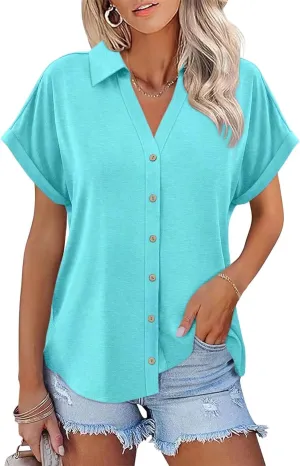 ORANDESIGNE Women's Short Sleeve Polo Tops Summer Button Down Collared T Shirts Casual Cute Ladies Tees