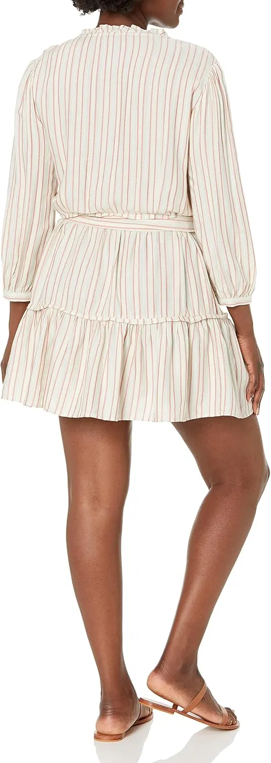 PAIGE Women's Kylenn Three Quarter Sleeve Mini Dress Ruffle Detail Neckline in Blue Grey Multi