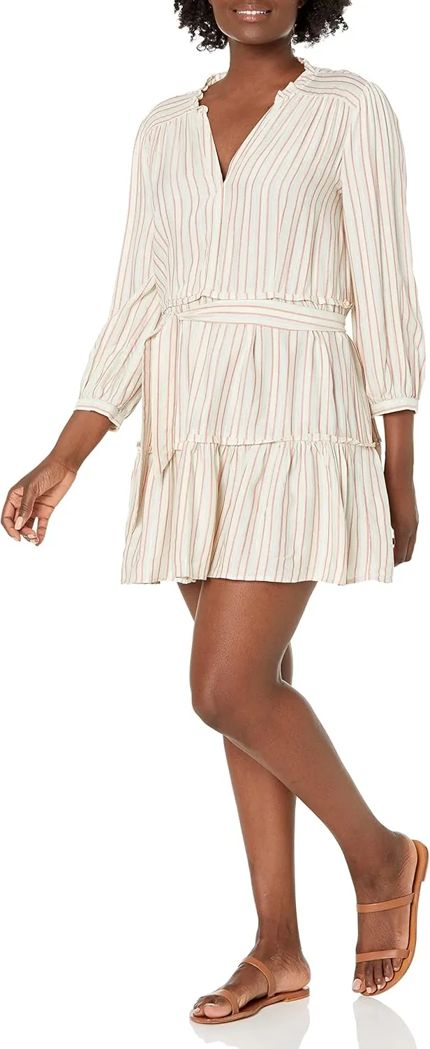 PAIGE Women's Kylenn Three Quarter Sleeve Mini Dress Ruffle Detail Neckline in Blue Grey Multi